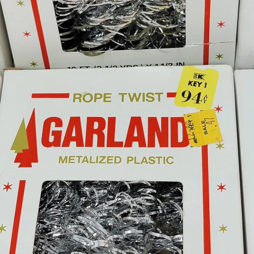 8 Boxes Vintage Silver Kresge Rope Twist Metalized Plastic Tinsel Garland  10 Ft